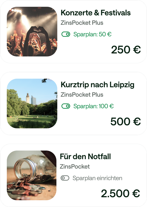 Drei Pockets mit verschiedenen Sparzielen.